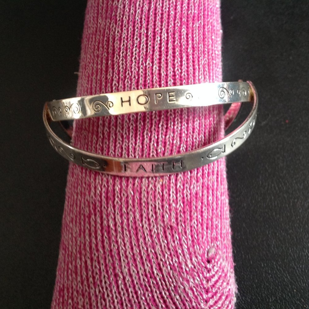 Retro Faith, Hope And Love Silver Tone Bangle Bracelet